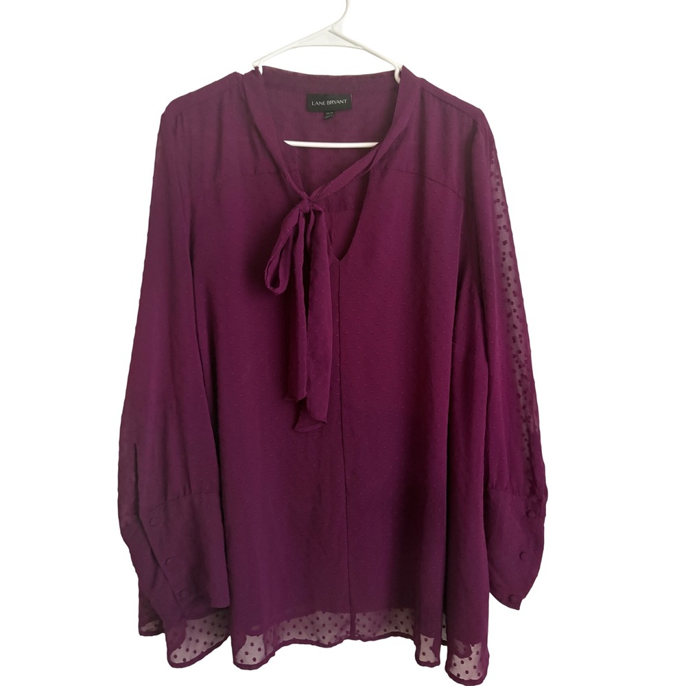 Lane Bryant Womens 22/24 Plum Purple Clip Dot Tie Neck Long Sleeve Blouse